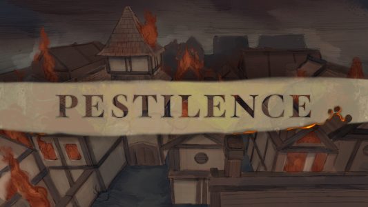 Cover art for Pestilence game with pale yellow stripe with the title across the middle and a medieval, dystopian village in the background with red clouds emanating from all the windows